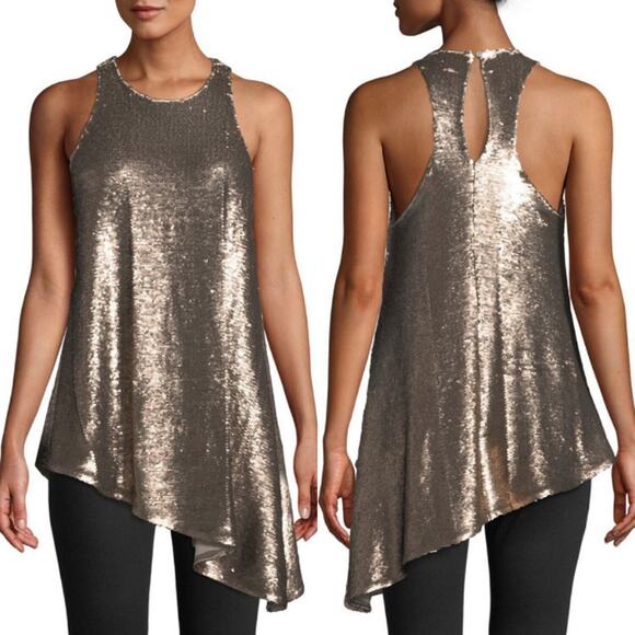 Cinq a Sept Dylan Sleeveless Asymmetric‎ Sequin Tank Top Pewter Medium - Picture 1 of 4